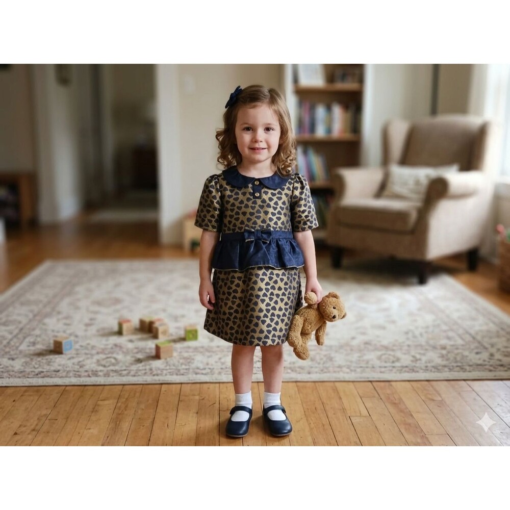 Heirloom  Girl's Navy Blue Gold Heart Jacquard Peter Pan Collar Dress Size 2T